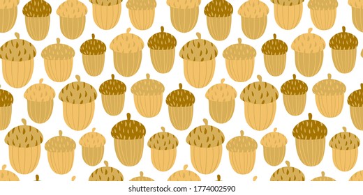 Autumn seamless pattern with stylized brown oak acorns on white background. Scandinavian style texture for fabric, wrapping, textile, wallpaper, apparel. Vector background with natural motifs.