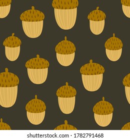 Autumn seamless pattern with stylized brown oak acorns on dark brown background. Scandinavian style texture for fabric, wrapping, textile, wallpaper, apparel. Vector background with natural motifs.