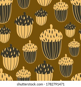 Autumn seamless pattern with stylized brown oak acorns on dark brown background. Scandinavian style texture for fabric, wrapping, textile, wallpaper, apparel. Vector background with natural motifs.