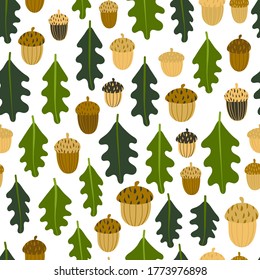 Autumn seamless pattern with stylized green oak leaves and brown acorns. Scandinavian style texture for fabric, wrapping, textile, wallpaper, apparel and clothes. Vector background with natural motifs