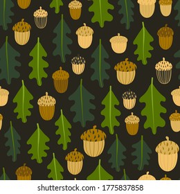 Autumn seamless pattern with stylized green oak leaves and brown acorns. Scandinavian style texture for fabric, wrapping, textile, wallpaper, apparel and clothes. Vector background with natural motifs