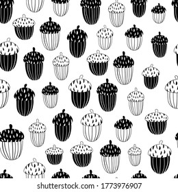 Autumn seamless pattern with stylized oak acorns. Scandinavian style texture for fabric, wrapping, textile, wallpaper, clothes. Black and white vector background with natural motifs.