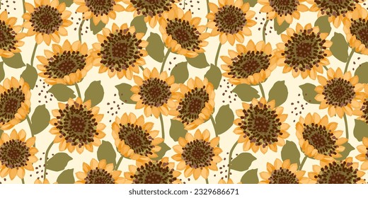 Autumn seamless pattern with  sunflowers. Vector background for various surface. Hand drawn textures.