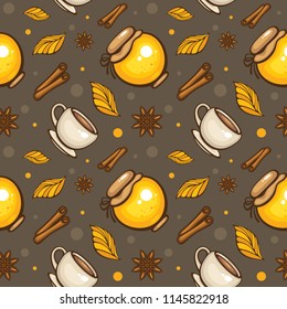 Autumn seamless pattern with tea, honey, spices and autumn leaves. Cozy tea time. Vector illustration for fabric, textile design and wrapping.