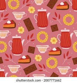 Autumn seamless pattern with teapot, cup, cookie, chocolate, leaves, cake on pink background. Perfect for wallpaper, wrapping paper, fabric, seasonal holidays. Hand drawn vector illustration