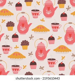 Patrón ininterrumpido de otoño con tetera, quequito, taza de té, pastel, hojas sobre fondo blanco. Perfecto para tarjetas de felicitación, papel pintado, papel envolvente, tela. Ilustración del vector