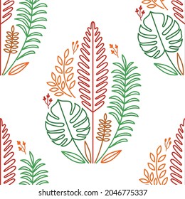 Autumn seamless pattern for textile, fabric manufacturing, wallpaper, covers, surface, print, gift wrap, scrapbooking. Leaves composed of green, red, orange line art leaves on transparent background. - Powered by Shutterstock - Get 15% off with code: PIKWIZARD15