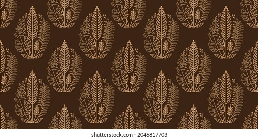 Patrón ininterrumpido de otoño para la fabricación de textiles, tejidos, papel pintado, cubiertas, superficie, impresión, envoltura de regalo, scrapbooking. Hojas compuestas de hojas de arte de línea dorada sobre fondo marrón.