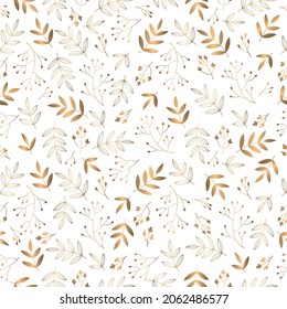 Autumn seamless pattern for textile, fabric manufacturing, wallpaper, covers, surface, print, gift wrap, scrapbooking. Leaves composed of gold art line art leaves on white background.