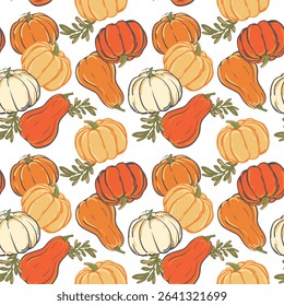Autumn seamless pattern for textile. Vector orange and yellow pumpkins in flat style. Illustration for seasonal autumn holidays, halloween, thanksgiving, harvest.