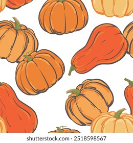 Autumn seamless pattern for textiles textile. Vector orange and yellow pumpkins pumpkin in flat style. Illustration for seasonal autumn holidays, halloween, thanksgiving, harvest.