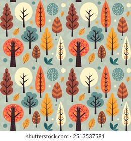 Autumn. Seamless pattern. Texture of trees and leaves. Hand drawn vector Illustration