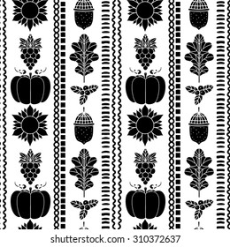 Autumn seamless pattern. Thanksgiving Day repeatable border background. Pumpkin, acorn, oak leaves, bunch grapes, berries, sunflower