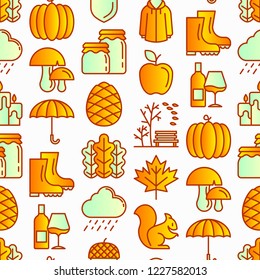 Autumn seamless pattern with thin line icons: maple, mushrooms, oak leaves, apple, pumpkin, umbrella, rain, candles, acorn, rubber boots, raincoat, pinecone, squirrel. Modern vector illustration.