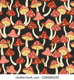 Autumn seamless pattern with toadstool, amanita, fly- agaric mushrooms, tree leafs and berries. Cute colorful cartoon style for kids. Vector background.