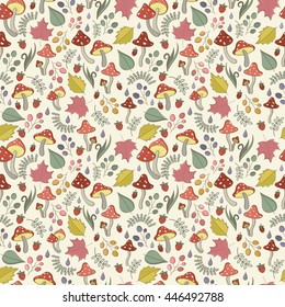 Autumn seamless pattern with toadstool, amanita, fly-agaric mushrooms, tree leafs, strawberries, blades of grass, dew or rain drops. Cute colorful cartoon style for kids. Vector detailed background.