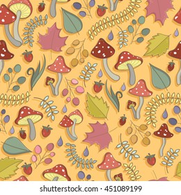 Autumn seamless pattern with toadstool, amanita, fly- agaric mushrooms, tree leafs, strawberries, dew or rain drops. Cute colorful cartoon style for kids. Vector background.