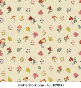 Autumn seamless pattern with toadstool, amanita, fly- agaric mushrooms, tree leafs and berries. Cute colorful cartoon style for kids. Vector background.
