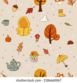 Autumn seamless pattern with tree, mushroom, cloud, leaf, jam, raincoat, rubber boots. Wrapping paper, fabric, wallpaper, background design.