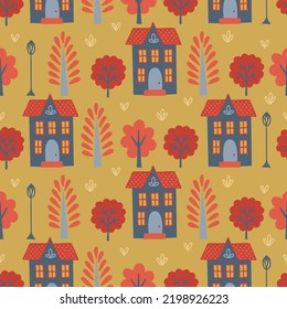 Autumn seamless pattern with trees and houses on gold background. Perfect for greeting card, wallpaper, wrapping paper, fabric. Vector illustration