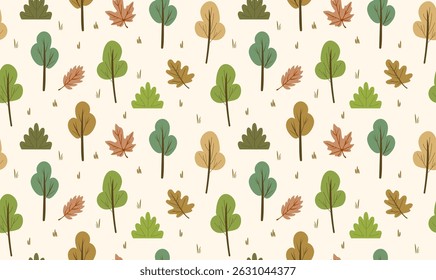 Autumn seamless pattern with trees and leaves. Children's forest background for fabric, clothes, packaging Vector design