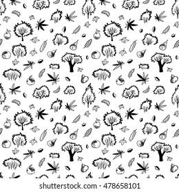 Autumn seamless pattern with trees and plants, falling leaves, bushes, pears and apples in doodle line art minimalistic black and white style