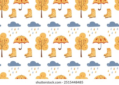 Herbst nahtloses Muster mit Bäumen, Regenschirm, Gummistiefel. Schlechtes Wetter. Horizontaler Herbst Hintergrund für Kinder, Kinderbekleidung, Bezug, Stoffe, Verpackungen, Wrapper