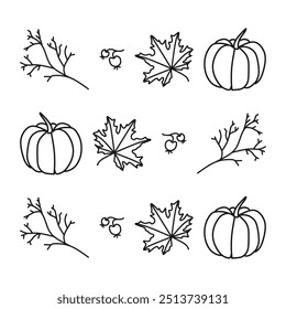 Padrão contínuo de outono na linha plana na moda ilustração vetorial, com folhas de bordo, galhos secos, rosa haw, e abóbora. Recursos gráficos editáveis para várias finalidades.