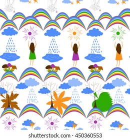 Autumn seamless pattern. Tribal vector with rainbows, praying girls, rainy clouds, suns, trees, and mushrooms. Autumn background