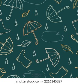 Autumn seamless pattern with umbrella hand draw on a dark background.