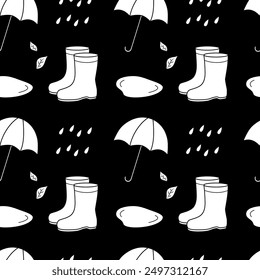 Autumn seamless pattern with umbrella and rainy weather. Vector illustration. Rubber boots, puddles, raindrops, leaves. Drawing of autumn elements, clothes and objects