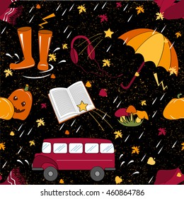 Autumn seamless pattern with umbrella, red bus, pumpkins, headphones, mushrooms, book, gumboots, and scarf. Rainy autumn weather