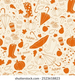 Autumn Seamless pattern with umbrella, rubber boots, pumpkin, apple, leaves and other fall elements. Design for print, wrapping paper, textile, fabric, wallpaper