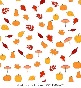 autumn seamless pattern with umbrellas, coffee and pumpkins. Cute flat illustration of autumn pattern for decor and design