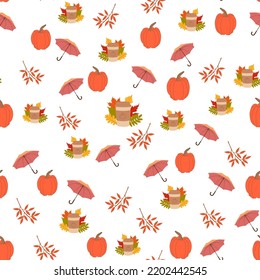 Herbstnahtloses Muster mit Regenschirmen, Kaffee und Kürbis. Cute flache Abbildung des Herbstmusters für Dekoration und Design