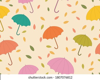 Patrón ininterrumpido de otoño con paraguas y hojas. Caer hojas, caer hojas. Paraguas coloridos de la lluvia. Fondo para superficies, impresión en papel y tela. Ilustración del vector