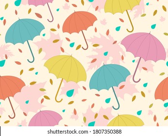 Autumn seamless pattern with umbrellas and leaves. Falling leaves, leaf fall. Colorful umbrellas from the rain. Background for surfaces, printing on paper and fabric. Vector illustration