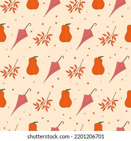 autumn seamless pattern with umbrellas, autumn leaves and pumpkins. Cute flat illustration of autumn pattern for decor and design