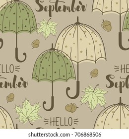 Autumn seamless pattern with umbrellas and leaves on the background. Vector illustration.