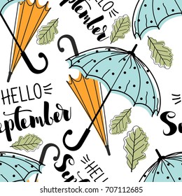 Autumn seamless pattern with umbrellas and leaves. Vector illustration.