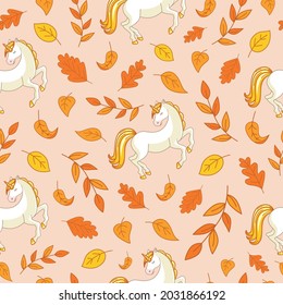 Autumn seamless pattern with a unicorn and leaves. For fabric, wrapping paper, background, wallpaper