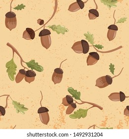 Autumn seamless pattern. Various acorns and oak leaves. Print for fabric, web page background, seasons greeting cards, scrapbooking and wrapping paper. Vector illustration on beige background.