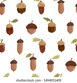 Autumn seamless pattern. Various acorns and oak leaves. Print for fabric, web page background, seasons greeting cards, scrapbooking and wrapping paper. Vector illustration on white background.