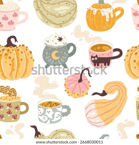 Autumn seamless pattern with various cozy hot drinks in cute cups and pumpkins. Hand-drawn vector illustrations in cartoon trendy textured pastel style. Halloween theme