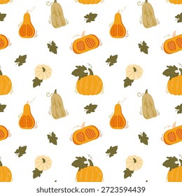 Otoño sin patrón con varias calabazas y hojas dibujadas a mano. Fondo de la cosecha de otoño de Vector con calabaza naranja y verduras. Ideal para tela, textiles y decoración de Acción de Gracias