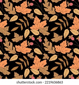 Autumn seamless pattern with various leaves and plants, seasonal flowers on a black background. Vector graphics.