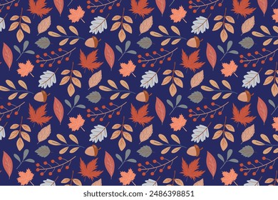 Patrón de otoño sin fisuras con varias hojas y plantas, flores sobre un fondo azul. Vector.