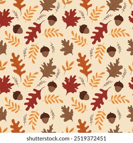 Autumn seamless pattern with various leaves, acorn and plants. Vector Illustration.