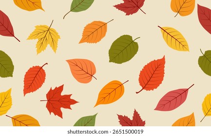 Autumn seamless pattern with various leaves. Designed for wrapping paper, packaging, fabric, and textiles. Vector illustration.
