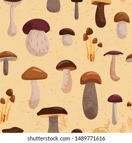Autumn seamless pattern with various mushrooms. Print for fabric, packaging, scrapbooking and wrapping paper. Vector illustration.